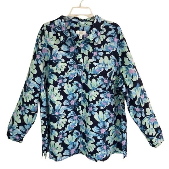 Charter Club Linen Luxury floral button up shirt women’s 3X roll tab blue NEW - Picture 1 of 5